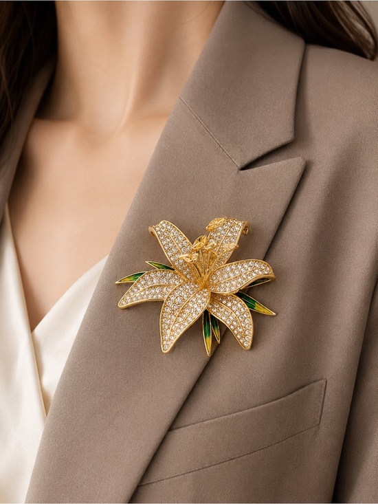 Anthropologie Jewelry - Golden Lily Crystal Flower Brooch Pin | Elegant Rhinestone Floral Statement